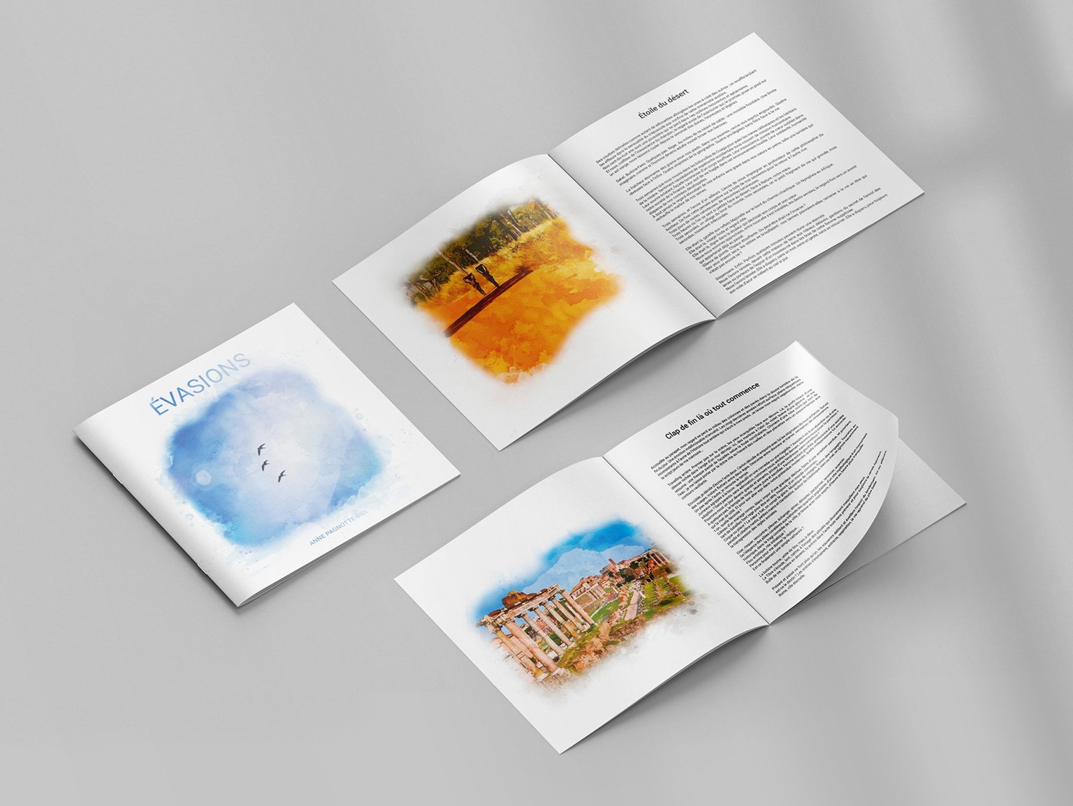 Evasions, rédaction d'un livre - recueil de textes et réflexions par Anne Pagnotte-Biel, illustré par Guillaume Biel